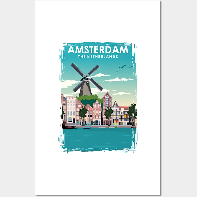 Amsterdam Holland Windmill Travel Poster Wall Art by jornvanhezik